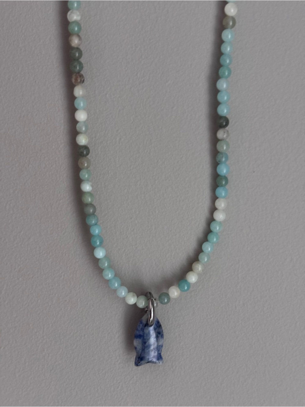 Amazonite Natural Stone Beaded Necklace 4mm With Sodalite Fish Pendant